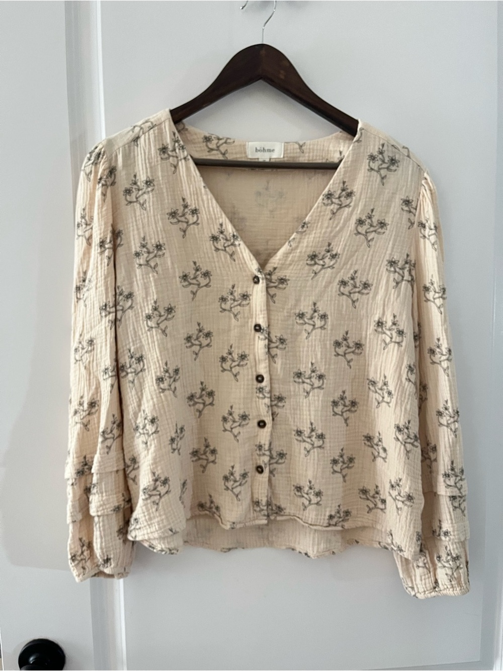 bohme Cream Floral Button-Down V-Neck Blouse